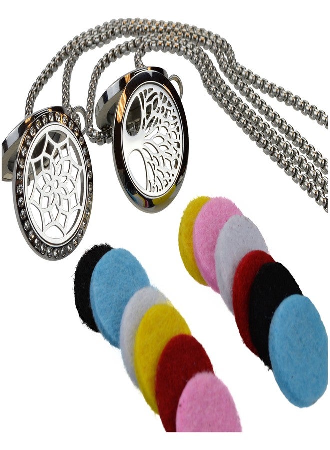 mEssentials Tree of Life and Flower with CZ's Essential Oil Diffuser Necklace Stainless Steel t Pendants with 24" Chains + 12 Refill Pads - Image 2